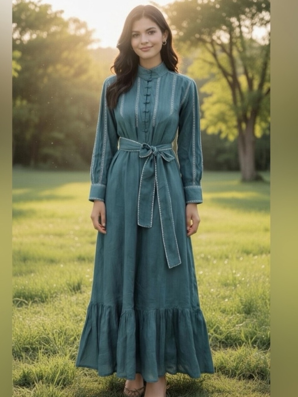 EX VOTO Sutton Cotton Embroidered Emerald Green Belted Maxi Dress NWT $289 - Picture 6 of 8